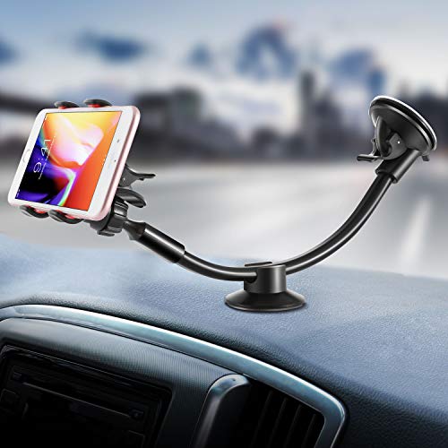 IPOW Upgraded Truck Phone Mount Holder Universal 11 Inches Long Arm Windshield Dashboard Car Mount Cradle with Adjustable X Clamp&Ultra Dashboard Base for Smartphones