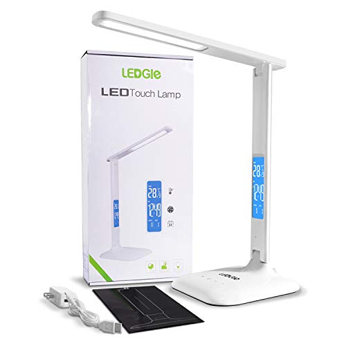 LEDGLE LED Desk Lamp, Office Table Lamp with LCD Screen, 3 Lighting Modes, 5 Light Levels, Folding Led Desk Lamps with Touch Control, 8W Eye-Caring Table Lamp（White）