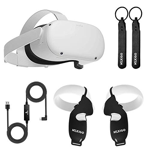 Oculus 2020 Newest Quest 2 VR Headset 64GB Holiday Bundle, Advanced All-in-One Virtual Reality Gaming Headset, NexiGo Controller Grip Cover Black + Knuckle Strap Black + 16FT Link Cable Bundle