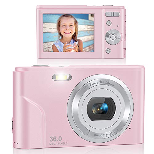 Digital Camera, Lecran FHD 1080P 36.0 Mega Pixels Vlogging Camera with 16X Digital Zoom, LCD Screen, Compact Portable Mini Cameras for Students, Teens, Kids (Pink)