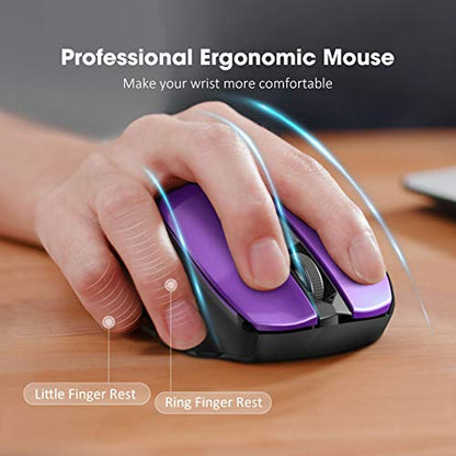 VicTsing Wireless Mouse, 2.4G 2400DPI Ergonomics Cordless Mouse with USB Receiver, Finger Rest, 5 Adjustable DPI Levels, Mobile USB Mice for Chromebook Notebook MacBook Laptop Computer PC, Purple