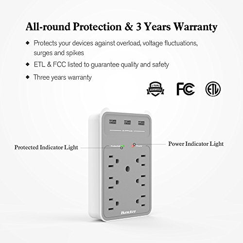 Huntkey 6 AC Outlets Surge Protector with 3 USB Charging Ports 3.4 Amp, SMD607