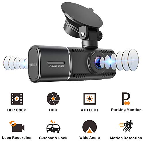 TOGUARD Dual Dash Cam with IR Night Vision, FHD 1080P Front and 720P Inside Cabin Dual Lens Car Dash Camera with 1.5 inch LCD Display Parking Monitor Loop Recording G-Sensor for Car Truck Taxi Driver