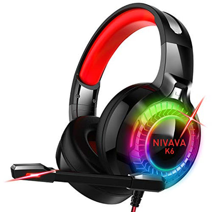 Nivava Gaming Headset for PS4, Xbox One, PC Headphones with Microphone LED Light Mic for Nintendo Switch PS5 Playstation Computer, K6(Red)