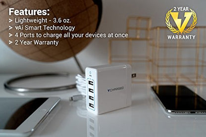 vCharged 4-Port Smart USB Wall Charger for iPhone, iPad, Samsung, Android & More - Free 2 Year Warranty