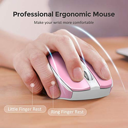 VicTsing Wireless Mouse, 2.4G 2400DPI Ergonomics Cordless Mouse with USB Receiver, Finger Rest, 5 Adjustable DPI Levels, Portable Mobile Optical Mice for Chromebook Notebook PC Laptop Computer, Pink