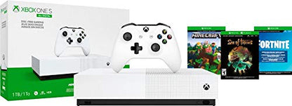 Xbox One S 1TB All-Digital Edition Bundle, Xbox One S 1TB Disc-free Console, Wireless Controller, Download Codes for Minecraft, Sea of Thieves and Fortnite Battle Royale, 3-month Xbox Live Gold Card