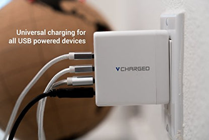 vCharged 4-Port Smart USB Wall Charger for iPhone, iPad, Samsung, Android & More - Free 2 Year Warranty