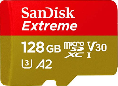 SanDisk 128GB Extreme microSDXC UHS-I Memory Card with Adapter - C10, U3, V30, 4K, A2, Micro SD - SDSQXA1-128G-GN6MA