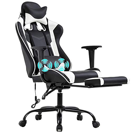 PC Gaming Chair Racing Office Chair Ergonomic Desk Chair Massage PU Leather Recliner Computer Chair with Lumbar Support Headrest Armrest Footrest Rolling Swivel Task Chair for Adults, White