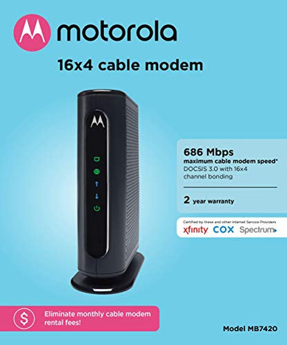 MOTOROLA 16x4 Cable Modem, Model MB7420, 686 Mbps DOCSIS 3.0, Certified by Comcast XFINITY, Charter Spectrum, Time Warner Cable, Cox, BrightHouse, and More