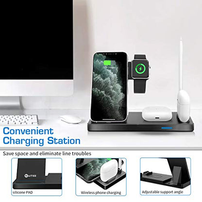 WAITIEE Updated Version,Wireless Charger 5 in 1,Qi Wireless Charging Station for iWatch 6/5/4/3/2/1& AirPods3/2/1 & Pencil & iPhone 12/11/11 Pro Max/XR/XS Max/Xs/X/8/8P Black(No iWatch Charging Cable)