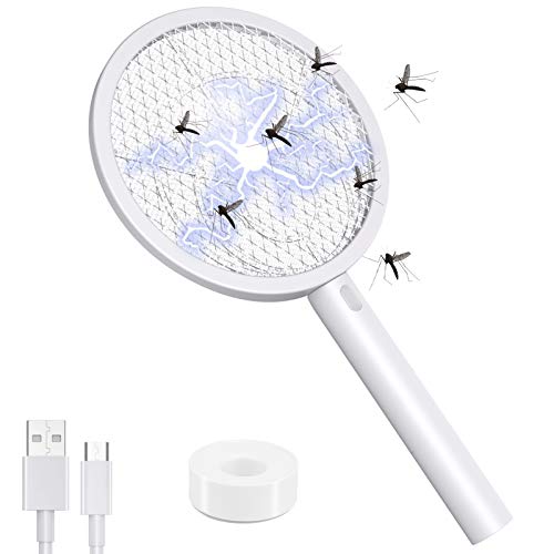 Lanpuly Bug Zapper Mosquito Killer USB Rechargeable Electric Fly Swatter Racket Zap for Home, Outdoor, Pest Insects Control, Led Light w/Base,4000v Double Layers Mesh Safety Protection Safe to Touch
