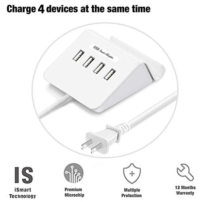 Multi Port USB Charger Desktop 4 USB Charging Station Phone Mount Charger Fast for iPhone, iPad, Samsung, Tablet, Bluetooth Speakers, Powerbank, HTC, LG, Sony, Google Nexus and More (White)