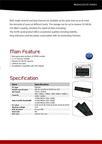 TEAMGROUP Elite DDR4 16GB Single 2666MHz (PC4-21300) CL19 Unbuffered Non-ECC 1.2V UDIMM 288 Pin PC Computer Desktop Memory Module Ram Upgrade - TED416G2666C1901 - (1x16GB) Single