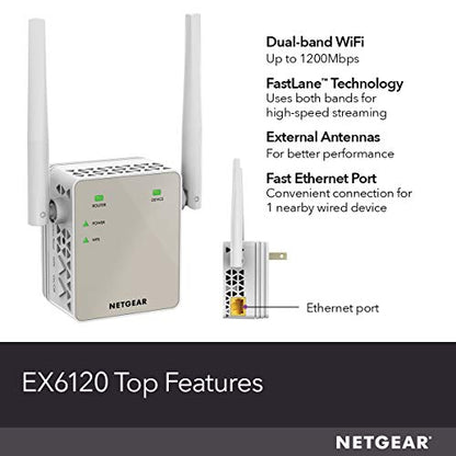 NETGEAR Wi-Fi Range Extender EX6120 - Coverage Up to 1200 Sq Ft and 20 Devices with AC1200 Dual Band Wireless Signal Booster & Repeater (Up to 1200Mbps Speed), and Compact Wall Plug Design