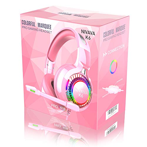 Nivava Gaming Headset for PS4, Xbox One, PC Headphones with Microphone LED Light Mic for Nintendo Switch PS5 Playstation Computer, K6(Pink)