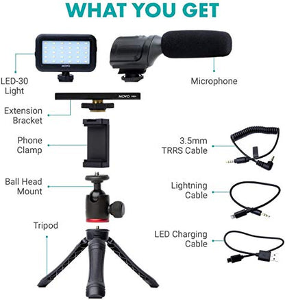 Movo iVlogger- iPhone/Android Compatible Vlogging Kit Phone Video Kit Accessories: Phone Tripod, Phone Mount, LED Light and Cellphone Shotgun Microphone for Phone Video Recording for YouTube, Vlog