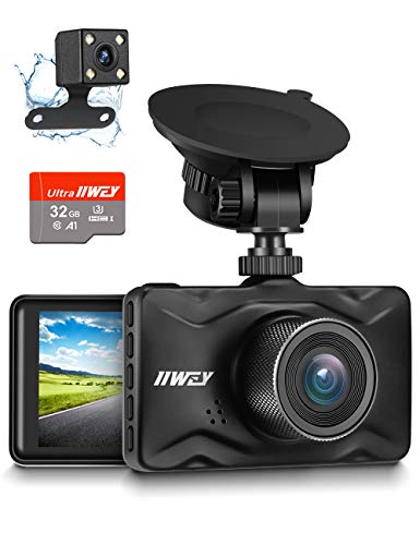 Dash Cam Front and Rear, 32GB TF Card Included, IIWEY 1080P Dual Dash Camera for Cars with 3 Inch LCD Screen 170° Wide Angle Vehicle Dashboard 24H Parking Monitor, Loop Recording, Motion Detection