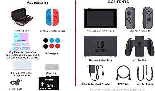Newest Nintendo Switch with Gray Joy-Con - 6.2" Touchscreen LCD Display, 802.11AC WiFi, Bluetooth 4.1, 32GB of Internal Storage - Family Holiday Bundle - Gray - 128GB SD Card + 12-in-1 Carrying Case