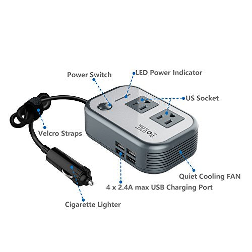 Foval 200W Car Power Inverter DC 12V to 110V AC Converter with 4 USB Ports Charger