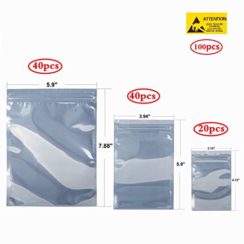 QNINE 100 Pack Anti-Static Bags Set, Include 3 Different Type Reusable Bags and 100pcs Antistatic Labels, Suitable for Different Computer Accessories