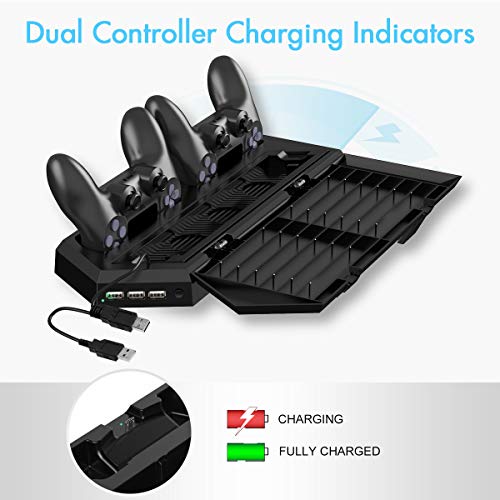 Kootek Vertical Stand for PS4 Slim/Pro/Regular Playstation 4, Controller Charging Station with Cooling Fan Game Storage and Dual Charger Indicator USB Ports for DualShock 4 Wireless Controllers
