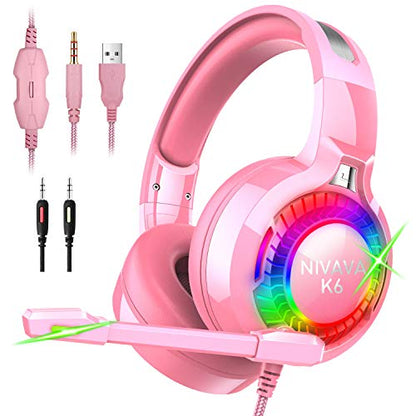 Nivava Gaming Headset for PS4, Xbox One, PC Headphones with Microphone LED Light Mic for Nintendo Switch PS5 Playstation Computer, K6(Pink)