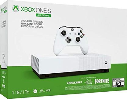 Xbox One S 1TB All-Digital Edition Bundle, Xbox One S 1TB Disc-free Console, Wireless Controller, Download Codes for Minecraft, Sea of Thieves and Fortnite Battle Royale, 3-month Xbox Live Gold Card