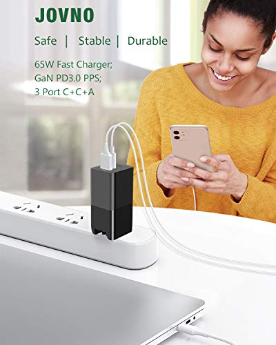 USB C Charger, JOVNO 65W Fast Charger PD Charger GaN 3-Port Foldable Wall Charger, Adapter for iPhone 12/11/XR/Xs, MacBook Pro/Air, iPad Pro/Air, Galaxy S20/S10, Dell XPS 13, Pixel, OnePlus, Switch