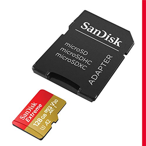 SanDisk 128GB Extreme microSDXC UHS-I Memory Card with Adapter - C10, U3, V30, 4K, A2, Micro SD - SDSQXA1-128G-GN6MA