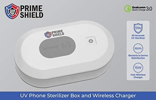 PrimeShield - UV Light Sanitizer, Clinically Proven UV Light Disinfector, Fast Wireless Charger, UV Phone Sterilizer Box for Smart Phone, Keys, Watch, Wallet