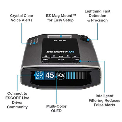 ESCORT IX Laser Radar Detector - Auto Learn Protection, Extreme Long Range, Bluetooth, Voice Alerts, OLED Display, Escort Live, Black