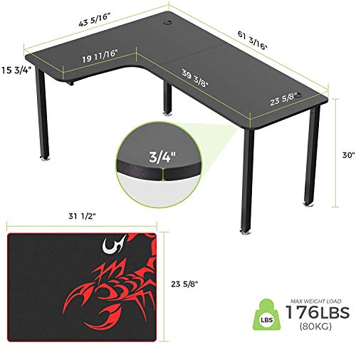 DESIGNA L Shaped Desk Computer Gaming Desk 60'', Office Desk with Mouse Pad, Corner Desk Easy to Assemble, Black