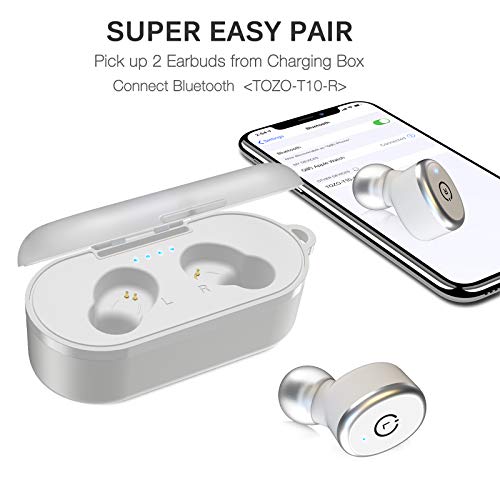 TOZO T10 Bluetooth 5.0 Wireless Earbuds with Wireless Charging Case IPX8 Waterproof TWS Stereo Headphones in Ear Built in Mic Headset Premium Sound with Deep Bass for Sport White