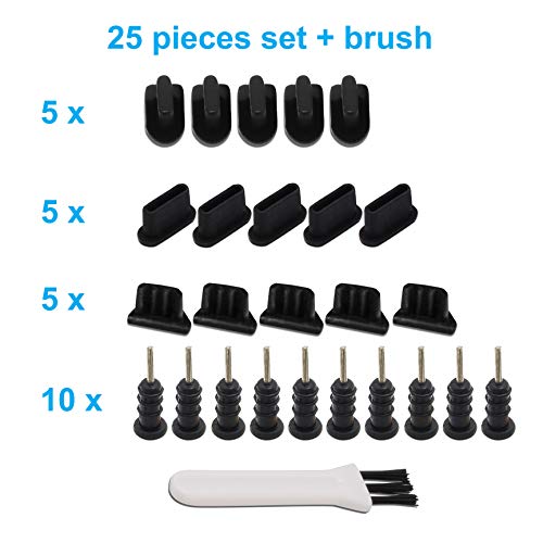 PortPlugs Dust Port Covers (25 Pack) Plug Set, Compatible with iPhone, Android, USB C, Tablets with Cleaning Brush and SIM Tools (Black)