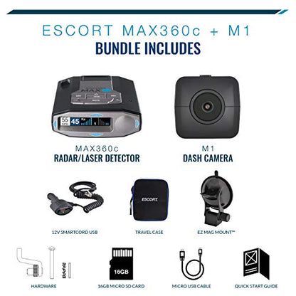 Escort MAX360C Radar Detector & Escort M1 Dash Camera Bundle, HD Video, Long Range Protection, Bluetooth, Fewer False Alerts, All-in-One Protection, Black, 0100043-1