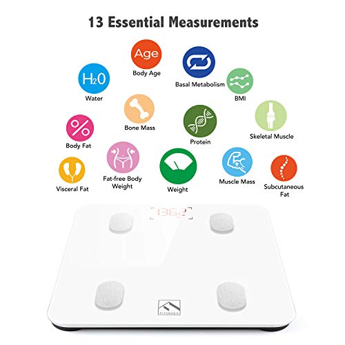FITINDEX Bluetooth Body Fat Scale, Smart Wireless BMI Bathroom Weight Scale Body Composition Monitor Health Analyzer with Smartphone App for Body Weight, Fat, Water, BMI, BMR, Muscle Mass - White