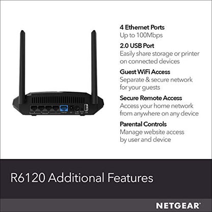 NETGEAR WiFi Router (R6120) - AC1200 Dual Band Wireless Speed (up to 1200 Mbps) | Up to 1200 sq ft Coverage & 20 Devices | 4 x 10/100 Fast Ethernet and 1 x 2.0 USB ports