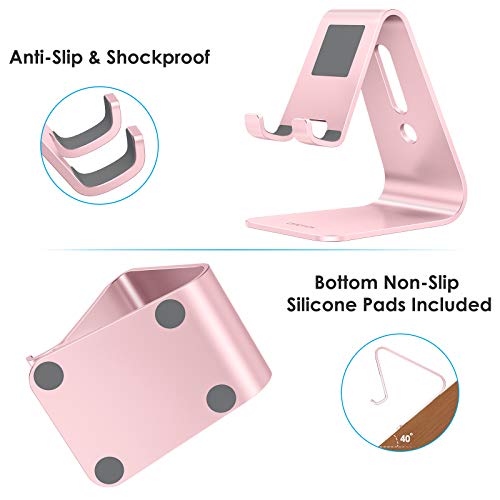 Upgraded Aluminum Cell Phone Stand, OMOTON C1 Durable Cellphone Dock with Protective Pads, Smart Stand Designed for iPhone 11 Pro Max XR XS 8 Plus 7 SE, iPad Mini, Android Phones, Rose Gold