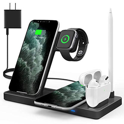 WAITIEE Updated Version,Wireless Charger 5 in 1,Qi Wireless Charging Station for iWatch 6/5/4/3/2/1& AirPods3/2/1 & Pencil & iPhone 12/11/11 Pro Max/XR/XS Max/Xs/X/8/8P Black(No iWatch Charging Cable)