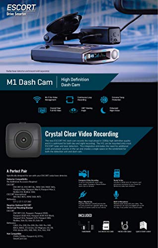 Escort M1 Dash Camera - 1080p Full HD Video Dash Cam, Loop Recording, G-Sensor, 16GB Micro SD Card Included, iPhone and Android Compatible
