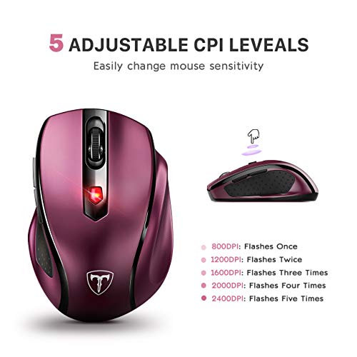 VicTsing Wireless Mouse, 2.4G 2400DPI Ergonomics Cordless Mouse with USB Receiver, Finger Rest, 5 Adjustable DPI Levels, Mobile USB Mice for Chromebook Notebook MacBook Laptop Computer PC, Wine