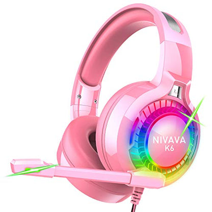 Nivava Gaming Headset for PS4, Xbox One, PC Headphones with Microphone LED Light Mic for Nintendo Switch PS5 Playstation Computer, K6(Pink)