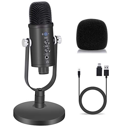 Gaming Microphone, Professional USB Condenser Microphone kit for Mac/PC/Smartphone, Low Noise Microphone with Mute Key for YouTube, Recording, Podcast, Streaming, Metal Mic with Upgraded Stand