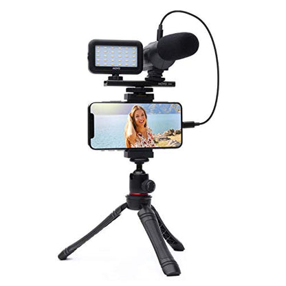 Movo iVlogger- iPhone/Android Compatible Vlogging Kit Phone Video Kit Accessories: Phone Tripod, Phone Mount, LED Light and Cellphone Shotgun Microphone for Phone Video Recording for YouTube, Vlog