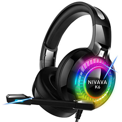 Nivava Gaming Headset for PS4, Xbox One, PC Headphones with Microphone LED Light Mic for Nintendo Switch PS5 Playstation Computer, K6(Black)