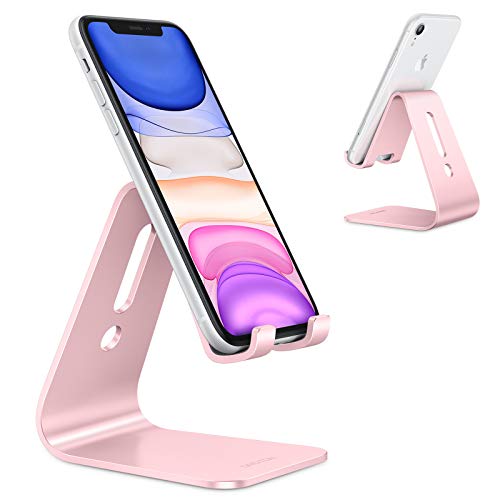Upgraded Aluminum Cell Phone Stand, OMOTON C1 Durable Cellphone Dock with Protective Pads, Smart Stand Designed for iPhone 11 Pro Max XR XS 8 Plus 7 SE, iPad Mini, Android Phones, Rose Gold