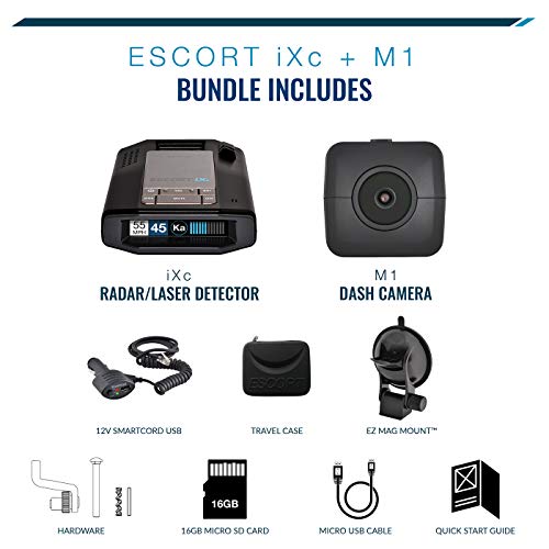 Escort iXc Radar Detector & Escort M1 Dash Camera Bundle - HD Video, Long Range Protection, Space Saving, Fewer False Alerts, All-In-0ne System, Black (0100042-1)