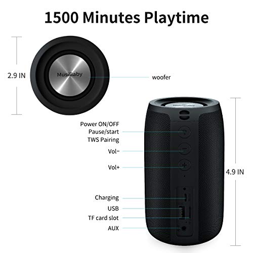 Bluetooth Speakers,MusiBaby Speaker,Outdoor, Portable,Waterproof,Wireless Speakers,Dual Pairing, Bluetooth 5.0,Loud Stereo,Booming Bass,1500 Mins Playtime for Home&Party Black